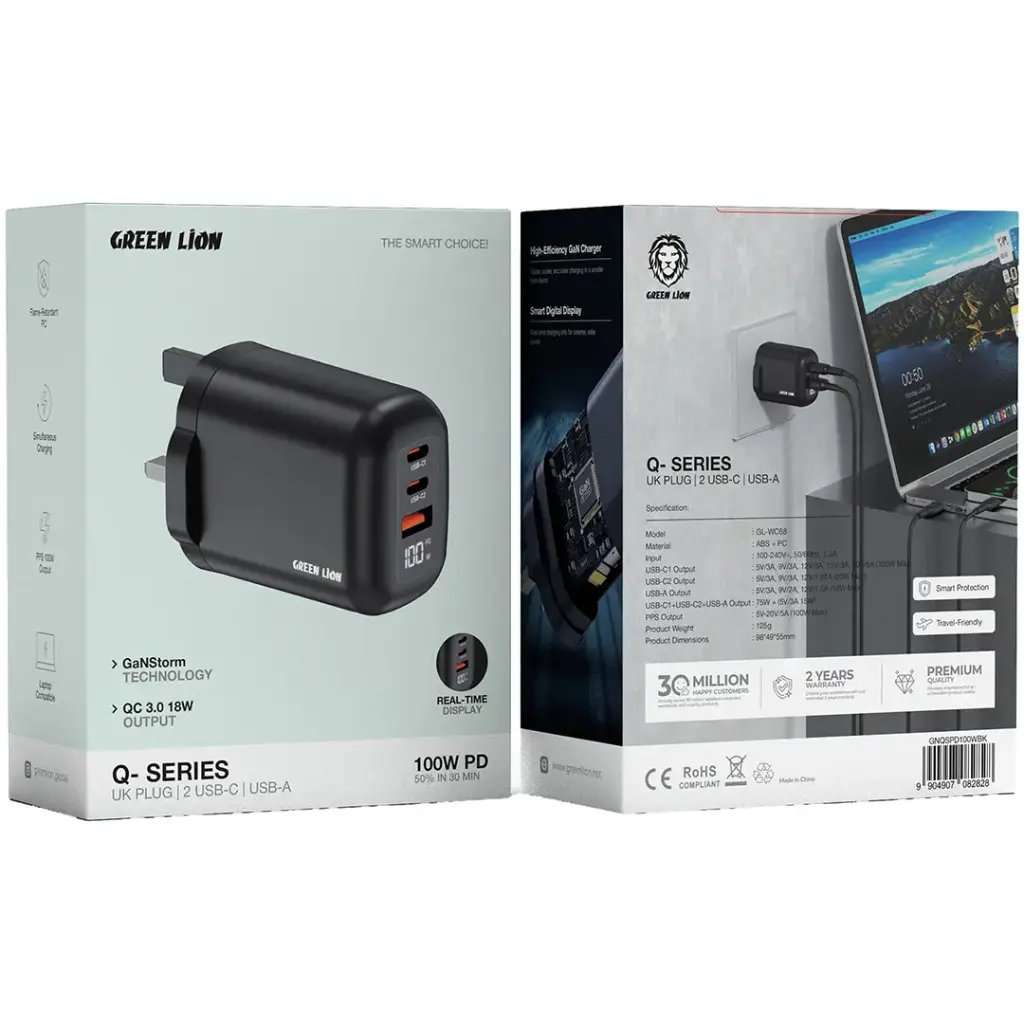 Green Lion Q- SERIES UK Plug Wall Charger PD 100W A+C+C Port - Linkphones Center